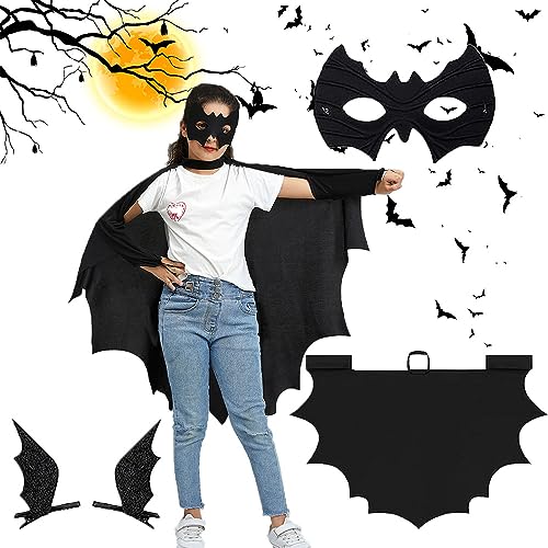 Halloween Fledermaus Kostüm für Kinder, Halloween Kostüm Fledermaus+Fledermaus maske+2 Stück Fledermausflügel Haarspangen, Halloween Fledermaus Umhang, Fledermauskostüm Vampir Mädchen Junge(130) von YISKY
