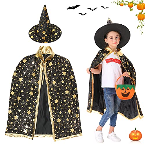 Kinder Halloween Kostüm, Halloween Witch Wizard Cape, Wizard Cape Witch Umhang mit Hut, Kürbis Candy Bag, Hexen Mantel, Hexenkostüm Zauberermantel für Jungen Mädchen Halloween Party Cosplay (Schwarz) Kinder Halloween Kostüm, Halloween Witch Wizard Cape, Wizard Cape Witch Umhang mit Hut, Kürbis Candy Bag, Hexen Mantel, Hexenkostüm Zauberermantel für Jungen Mädchen Halloween Party Cosplay (Schwarz) von YISKY
