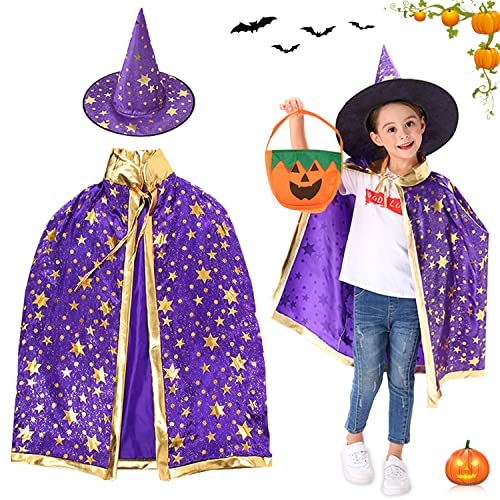 Kinder Halloween Kostüm, Halloween Witch Wizard Cape, Wizard Cape Witch Umhang mit Hut, Kürbis Candy Bag, Hexen Mantel, Hexenkostüm Zauberermantel für Jungen Mädchen Halloween Party Cosplay (Violett) Kinder Halloween Kostüm, Halloween Witch Wizard Cape, Wizard Cape Witch Umhang mit Hut, Kürbis Candy Bag, Hexen Mantel, Hexenkostüm Zauberermantel für Jungen Mädchen Halloween Party Cosplay (Violett) von YISKY