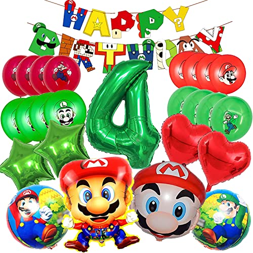 Mario Party Gekoration 4 anni, Mario Party Set, Mario Luftballons Party Dekoration, Mario Kinder Geburtstag Luftballon Set, Mario Theme Party Supplies Enthält Folienballon, Zahlenballons 4, Banner von YISKY