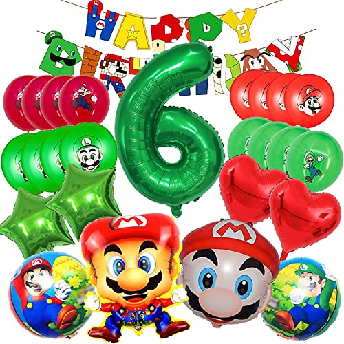 Mario Party Gekoration 6 anni, Mario Party Set, Mario Luftballons Party Dekoration, Mario Kinder Geburtstag Luftballon Set, Mario Theme Party Supplies Enthält Folienballon, Zahlenballons 6, Banner von YISKY