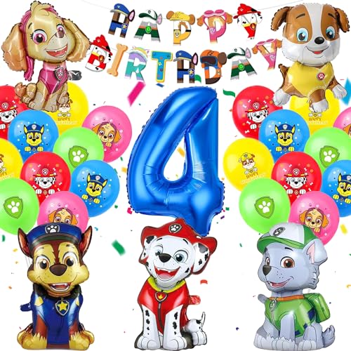YISKY Paw Luftballon Geburtstag Deko 4 Jahre, Dog Cartoon Luftballons Geburtstag Deko 4 Jahre, Hund Dog Patrol Blau luftballon 4 Geburtstag, Happy Birthday Banner für 4 Jahre Kindergeburtstag deko von YISKY