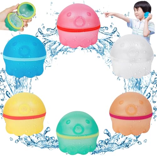 Wasserbomben Wiederverwendbar, 6 Stück Magnetische Oktopus Wasserball Selbstschließend, Schnelle Wasserbefüllung Silikon Wasserballons, Wiederverwendbare Wasserbomben Wasserspielzeug Kinder Outdoor von YISKY