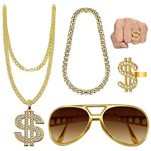 YISKY Hip Hop Kostüm Set, 4 Stück Rapper Set, 70er, 80er, 90er Jahre Accessoires, Pimp Outfit, Hip Hop Dollar Halskette Ring Armband Brille, Dollar Kette set, für Fasching & Karneval Cosplay Kostüm von YISKY