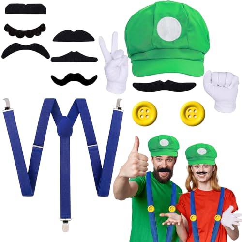 YISKY Mari Luig Kostüm Accessories, Mari und Luig Hüte Kappen, Super-Mari und Luig Kostüm Accessories mit Kappen Schnurrbärte Handschuhe Knöpfe Hosenträger für Weihnachten Outfits Karneval Kostüm YISKY Mari Luig Kostüm Accessories, Mari und Luig Hüte Kappen, Super-Mari und Luig Kostüm Accessories mit Kappen Schnurrbärte Handschuhe Knöpfe Hosenträger für Weihnachten Outfits Karneval Kostüm von YISKY