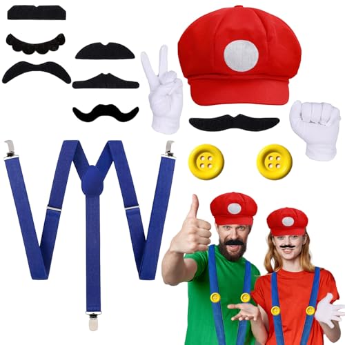 YISKY Mari Luig Kostüm Accessories, Mari und Luig Hüte Kappen, Super-Mari und Luig Kostüm Accessories mit Kappen Schnurrbärte Handschuhe Knöpfe Hosenträger für Weihnachten Outfits Karneval Kostüm YISKY Mari Luig Kostüm Accessories, Mari und Luig Hüte Kappen, Super-Mari und Luig Kostüm Accessories mit Kappen Schnurrbärte Handschuhe Knöpfe Hosenträger für Weihnachten Outfits Karneval Kostüm von YISKY