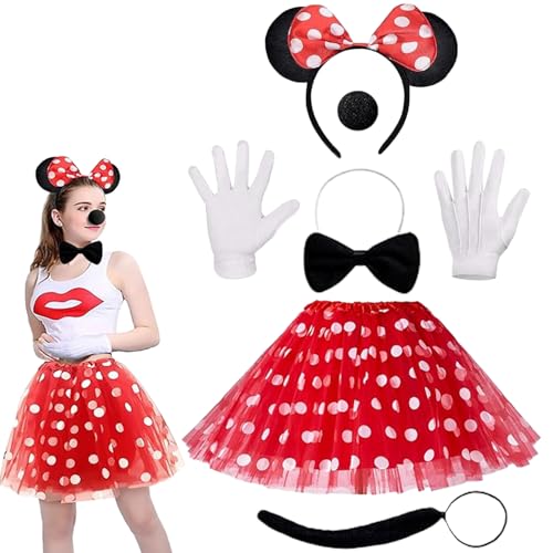 YISKY Minie Mouse Kostüm, Maus Mouse Kostüm, Micky Maus Kostüm, Rote Tutu mit weiß Gepunktet + Maus Ohren Haarreifen + Handschuhe + Nase+Krawatten+Schwanz, Für Kostümparty, Fasching, Karneval Party YISKY Minie Mouse Kostüm, Maus Mouse Kostüm, Micky Maus Kostüm, Rote Tutu mit weiß Gepunktet + Maus Ohren Haarreifen + Handschuhe + Nase+Krawatten+Schwanz, Für Kostümparty, Fasching, Karneval Party von YISKY