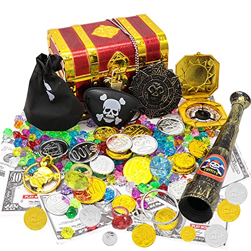 Piraten Schmucksteine Set, 100pcs Edelsteine, Piratenschatz Set mit Schatztruhen, Goldmünzen, Piraten Augenklappe, Kompasse, für Schatzsuche, Kinderspielzeug Piratenparty Dekoration Mitgebsel von YISKY