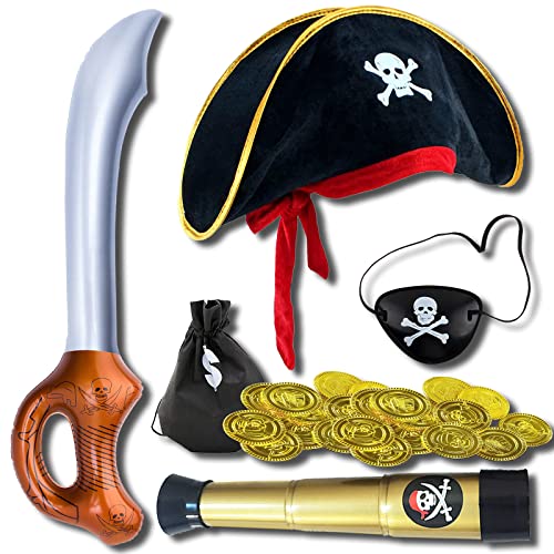 YISKY Piraten Kostüm zubehör, Piratenkostüm Kinder, Pirat Zubehör mit hut, Fernrohr, Augenklappe, messer, Münzbeutel, Kinder Cosplay Zubehör, für Karneval, Halloween und Piraten Party Kostüm Prop von YISKY