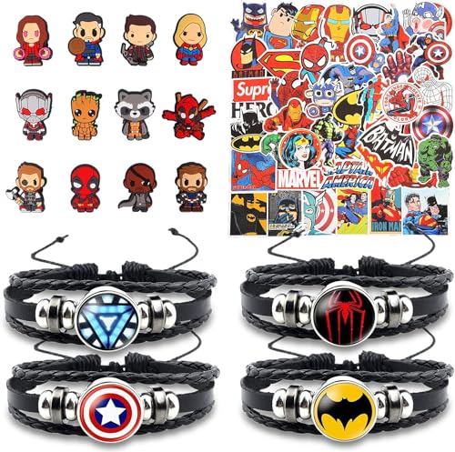 YISKY Superhelden Logo Abzeichen Armband, Avengers Abzeichen Armband, Superhelden Lederarmband, Anime Marvel Sticker Set, Avengers Aufkleber, Superhelden PVC Shoe Charms, für Jungen und Mädchen von YISKY