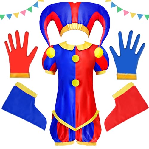 YISKY Pomni Cosplay Jumpsuit, The Amazing Digital Circus Kostüm, Erstaunliches Digitales Zirkuskostüm Inklusive Hut Handschuhe Hosen Socken, für Karneval Geburtstag Party Anzug Verkleidung von YISKY