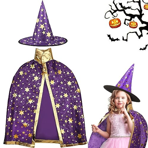 YITONGFU Kinder Halloween Kostüm, wizard cape witch umhang mit hut,zauberer kostüm kinder,Requisiten für Jungen Mädchen Cosplay Party(Lila) von YITONGFU