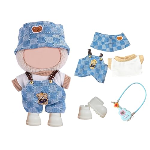 5 Stück Puppenkleidung für 17 cm große Plüschpuppen, darunter ein weißes Oberteil, eine blaue Hose und einen Hut, ein Paar Schuhe und eine blaue Gitarre (Puppe nicht im Lieferumfang enthalten) von YITULOU