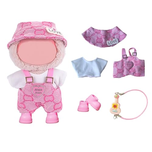 5 Stück Puppenkleidung für 17 cm große Plüschpuppen, einschließlich einem Oberteil, einer rosa Hose und einem Hut, einem Paar Schuhe und einer Gitarre (Puppe nicht im Lieferumfang enthalten) von YITULOU