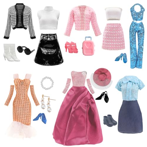 Bekleidung Kompatibel mit Barbie Bekleidung, Enthält EIN Rosenkleid, weitere 5 Modensätze und 6 Paar Schuhe, einen Koffer, eine Perlenkette, EIN Paar Perlen Ohrringe und eine Brille von YITULOU