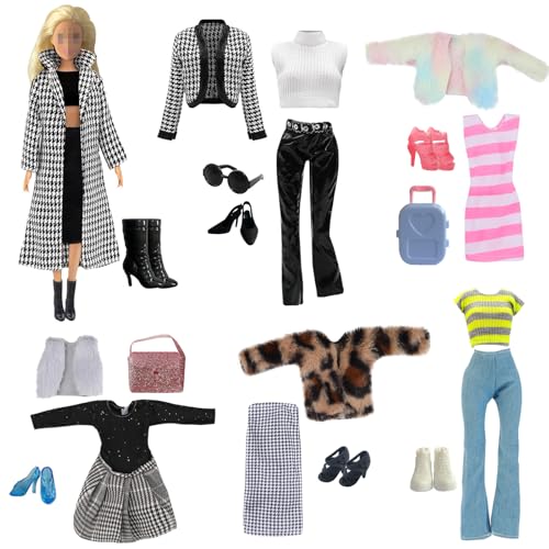 Bekleidung und Accessoires Kompatibel mit Barbie Bekleidung, Enthält EIN Satz von tausend Vogelgräbern, 5 weitere Wintermode und 6 Paar Schuhe, einen Koffer, eine Handtasche und eine Brille von YITULOU