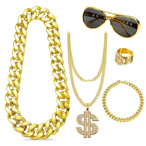 80 90er Jahre Outfit Herren, 5 Stk Kostüm Herren Set(Dollar Kette + Halskette + Ringe + Armbänder + Sonnenbrille), Kostüm 80er Jahre Herren Hip Hop für Karneval,Fasching,Cosplay,Halloween Dekorationen von YIWONFU