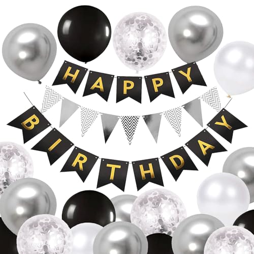 Luftballons Geburtstag Dekoration Set, Schwarz Silber Geburtstagsdeko Happy Birthday deko Banner Party Deko Geburtstag Set mit 16pcs Luftballons Konfetti Ballons Dreiecksflaggen Girlanden(BK+SR+SJQ) von YIXINCHENQI
