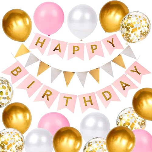Luftballons Geburtstag Dekoration Set, rosa Gold Geburtstagsdeko Happy Birthday deko Banner Party Deko Geburtstag Set mit 16pcs Luftballons Konfetti Ballons Dreiecksflaggen Girlanden（rosa+Gd+SJQ) von YIXINCHENQI