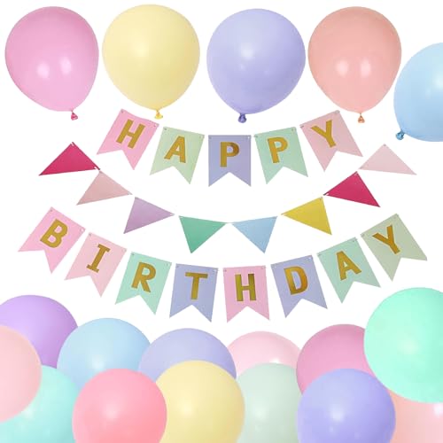 Macaron Luftballons Geburtstag Dekoration Set, Macaron Farbe Geburtstagsdeko Happy Birthday deko Banner Party Deko Geburtstag Set mit 16pcs Luftballons Dreiecksflaggen Girlanden（Macaron+SJQ） von YIXINCHENQI