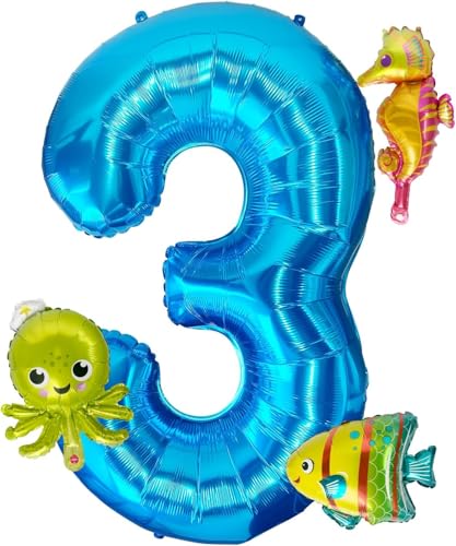 4Pcs Meerestiere Ballons, 40 Inch Luftballon 3 Geburtstag, Meerestiere Folienballon, Ozean Deko, Geeignet für Kindergeburtstage und Ozean Themenpartys von YIZHIXIANGQ