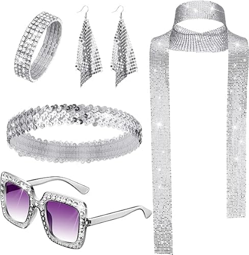 Disco Accessoires, 5pcs 70er Damen Glitzer Schmuck, 70er Jahre Disco Zubehör, 70er Jahre Kostümzubehör, Disco Schmuckset, mit Pailletten Schal Ohrringen Sonnenbrille Haarband Armband (Silber) von YIZHIXIANGQ