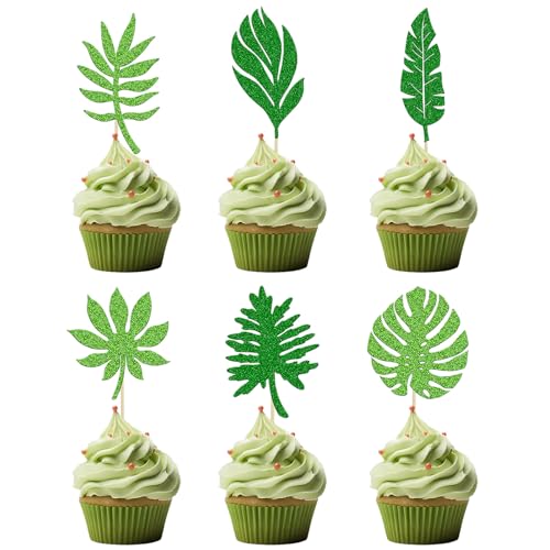 Tropische Blätter Kuchen Topper, 24 Stück Blätter Cake Topper, Grün Kuchen Topper, Cupcake Deko Hawaii, Cocktail Party Dekorationen für Obstkuchen Dessert Geburtstag Party von YIZHIXIANGQ