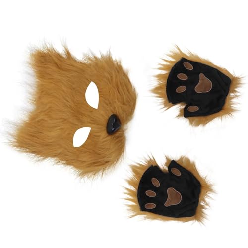 Katzen Füchse Maske Und Pfoten Handschuhe Set Pelz Therianer Maske Halloween Animal Cosplay Kostümzubehör Katzen Füchse Und Pfotenhandschuhe Set von YIZITU