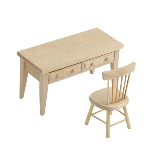 Miniatur Lesesaal Möbel-Set mit Tisch und Stuhl, unlackiertes Design für Puppenhäuser im Maßstab 1:12, Dekoration, Miniatur-Esszimmer-Set Miniatur Lesesaal Möbel-Set mit Tisch und Stuhl, unlackiertes Design für Puppenhäuser im Maßstab 1:12, Dekoration, Miniatur-Esszimmer-Set von YIZITU