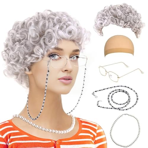 YIZITU 100 Days Of School Fancy Oma Kostüm Set Grau Alte Dame Perücken Oma Perücken Oma Brille Perlen Halskette Brillenkette YIZITU 100 Days Of School Fancy Oma Kostüm Set Grau Alte Dame Perücken Oma Perücken Oma Brille Perlen Halskette Brillenkette von YIZITU