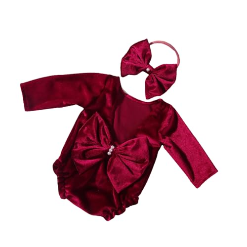 YIZITU Baby Weihnachtsfoto Requisiten Set Weicher Pleuch Jumpsuit Baby Strampler Mit Stirnband Feiertagskostüm Für Neugeborene Mädchen Weihnachts Outfit von YIZITU