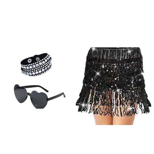 YIZITU Bauchrock Pailletten Bauch Hip Schal Quasten Fransenrock + Sonnenbrille + Armband Raves Party Tanzdauer Kostüm Tanz Hip Schal YIZITU Bauchrock Pailletten Bauch Hip Schal Quasten Fransenrock + Sonnenbrille + Armband Raves Party Tanzdauer Kostüm Tanz Hip Schal von YIZITU