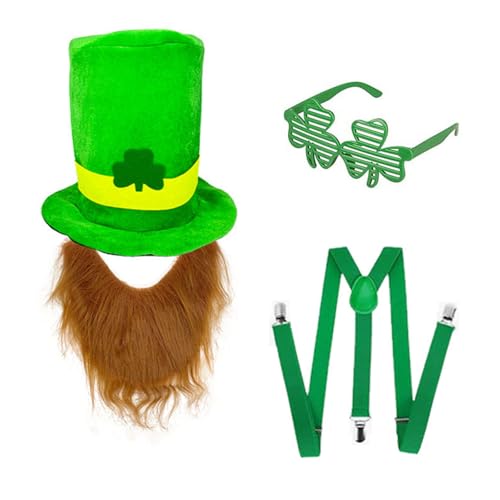 YIZITU Bequemer irischer grüner Hut und Bart mit Gürtel und Brille, handgefertigtes Accessoire für Themenpartys, Patrick's Day Paraden von YIZITU