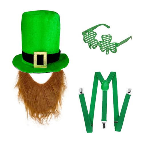 YIZITU Bequemer irischer grüner Hut und Bart mit Gürtel und Brille, handgefertigtes Accessoire für Themenpartys, Patrick's Day Paraden von YIZITU