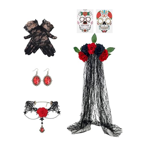 YIZITU Halloween Day Of The Deads Kostüme Blumenstirnbänder Handschuhe Halshalsohr Ohrringe Des Los Muerto Frauen Kostüme Tag Des Deads Kostüm von YIZITU