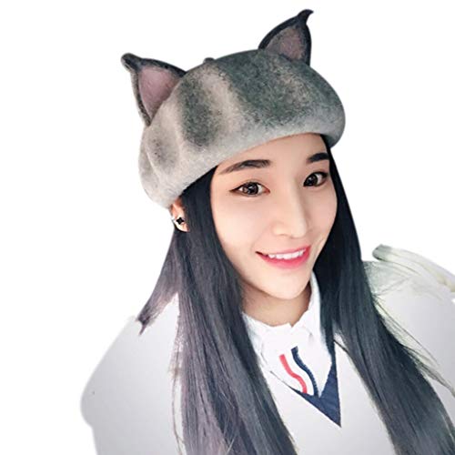 YIZITU Koreanische Frauen Mädchen Retro Cap Niedlich Für Katzenfuchs Spitze Ohren Faux Filzmaler Student Winter Warmer Pilzhut Frauen Vintage Retro von YIZITU