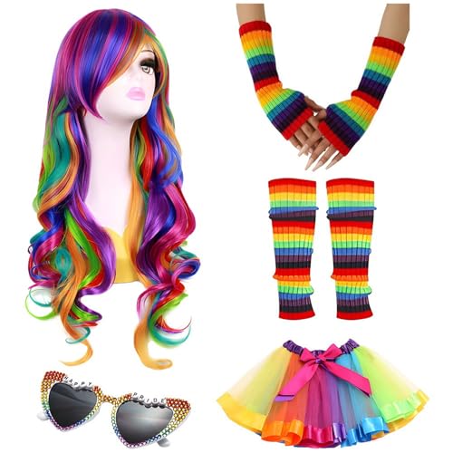 YIZITU Kostüm-Set, Regenbogenfarben, Stirnband, Ohrringe, Brille, Rock, Beinärmel, lange Handschuhe, Damen, Halloween-Kostüm-Zubehör YIZITU Kostüm-Set, Regenbogenfarben, Stirnband, Ohrringe, Brille, Rock, Beinärmel, lange Handschuhe, Damen, Halloween-Kostüm-Zubehör von YIZITU