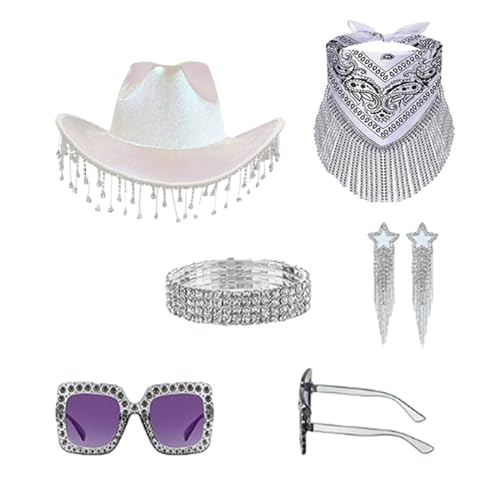 YIZITU Kristall-Cowboyhut, Halstuch, Ohrringe, Ritterhut für Disco, Haus, Cocktail-Party, Urlaub, glitzernde Quasten für Comedian, Cowgirl-Hut mit Strasssteinen YIZITU Kristall-Cowboyhut, Halstuch, Ohrringe, Ritterhut für Disco, Haus, Cocktail-Party, Urlaub, glitzernde Quasten für Comedian, Cowgirl-Hut mit Strasssteinen von YIZITU