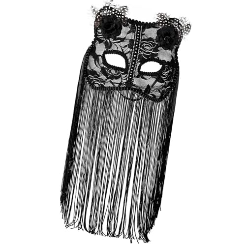 YIZITU Masquerades Mas K Halbgesichtsmaske mit Blumenquasten und Schleier für Halloween, Cosplay, Party, Frauen, Halloween, Maskeraden von YIZITU