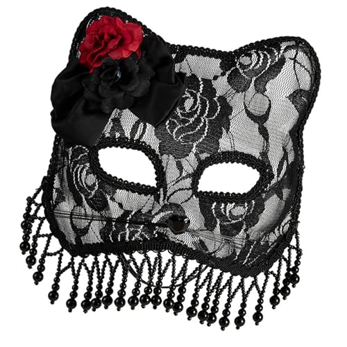 YIZITU Masquerades Mas K Halbgesichtsmaske mit Blumenquasten und Schleier für Halloween, Cosplay, Party, Frauen, Halloween, Maskeraden von YIZITU