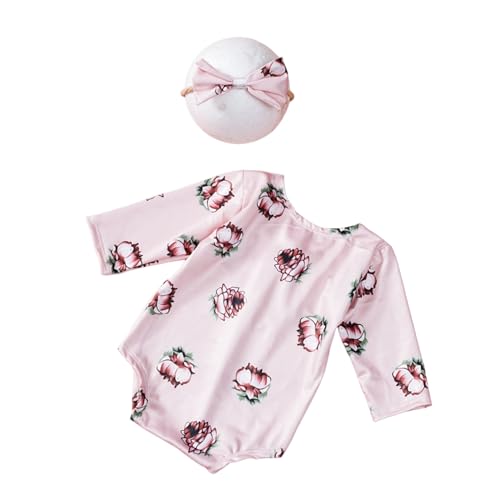 YIZITU Neugeborene Fotografie Kostüm Set Trendy Flower Strampler Und Passende Kopfbedeckungsfoto Requisiten Für Unvergessliche Erinnerungen Kind Floral Strampler von YIZITU
