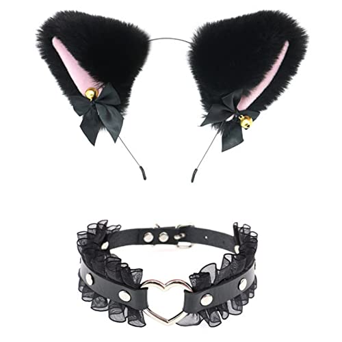 YIZITU Plüsch, pelzige Ohren, Haarband, Ohren, Stirnband, Choker-Halsketten-Set, für Damen und Mädchen, Outfit, Cosplay, Kostüm, Geschenke mit Glocken, Schleife, Choker, Halsketten-Set von YIZITU