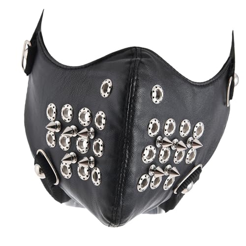 YIZITU Praktische Metall-Punk-Gesichtsabdeckung, schwarzes PU-Leder mit Dekoren, verstellbares Design, Kostümzubehör, Halloween-Party, Halloween-Party von YIZITU