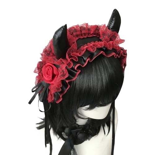 YIZITU Vintage Spitze Teufelshorn Stirnband Bequem Cosplay Kopfschmuck für Frauen Musik Festival Halloween Cosplay Event von YIZITU