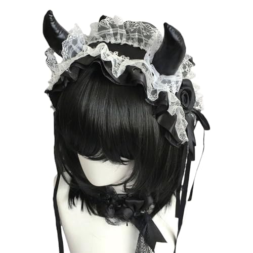 YIZITU Vintage Spitze Teufelshorn Stirnband Bequem Cosplay Kopfschmuck für Frauen Musik Festival Halloween Cosplay Event von YIZITU
