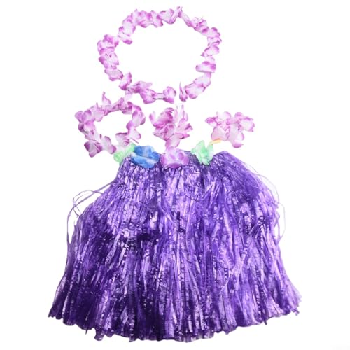 YJDOORPLAY Hawaiianisches Hula-Grasrock-Set für Kinder, Set mit Blumen-Leis-Armband, Kopfgirlande, Tanzkostüm für Sommer, Strand, Party, Auftritt (lila) von YJDOORPLAY