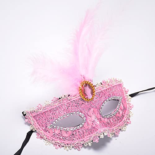 YJHWLF Maskerade Maske mit Feder, Frauen Venezianische Maske Halloween Party Mardi Gras Maske Karneval Augenmaske für Verkleidung Spitze Maske Kostüm Party，Interessantes Rollenspiel Zubehör (Rosa) von YJHWLF