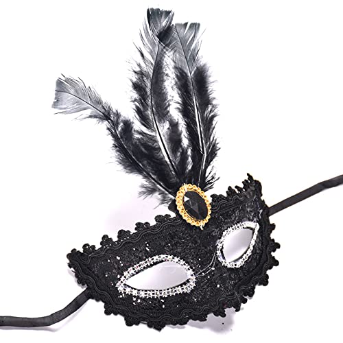 YJHWLF Maskerade Maske mit Feder, Frauen Venezianische Maske Halloween Party Mardi Gras Maske Karneval Augenmaske für Verkleidung Spitze Maske Kostüm Party，Interessantes Rollenspiel Zubehör (schwarz) von YJHWLF