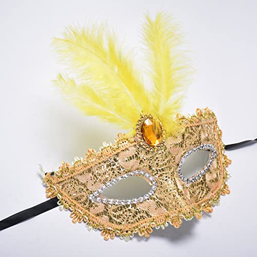 YJHWLF Maskerade Maske mit Feder, Frauen Venezianische Maske Halloween Party Mardi Gras Maske Karneval Augenmaske für Verkleidung Spitze Maske Kostüm Party，Interessantes Rollenspiel Zubehör (golden) von YJHWLF