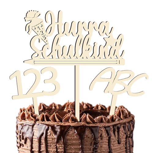 Cake Topper - Hurra Schulkind Holz Tortendeko, Einschulung Schulanfang Cupcake Torten Topper ABC 123 Kuchendeko Schuleinführung Party Deko Geschenkidee für Junge Mädchen Kinder von YJSDDNTY